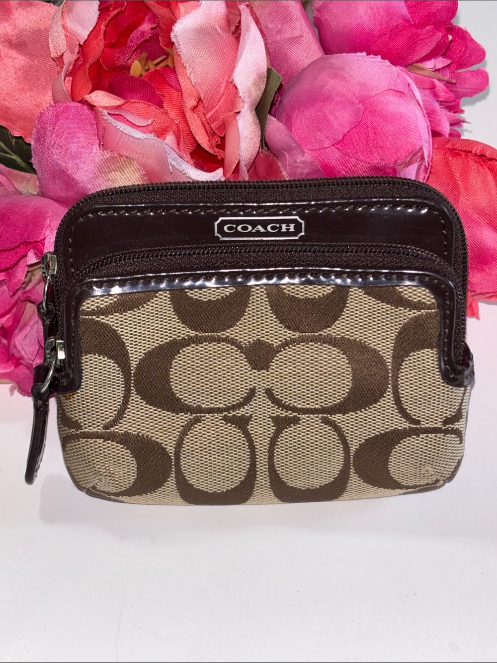 COACH Signature Double Zip Coin Wallet